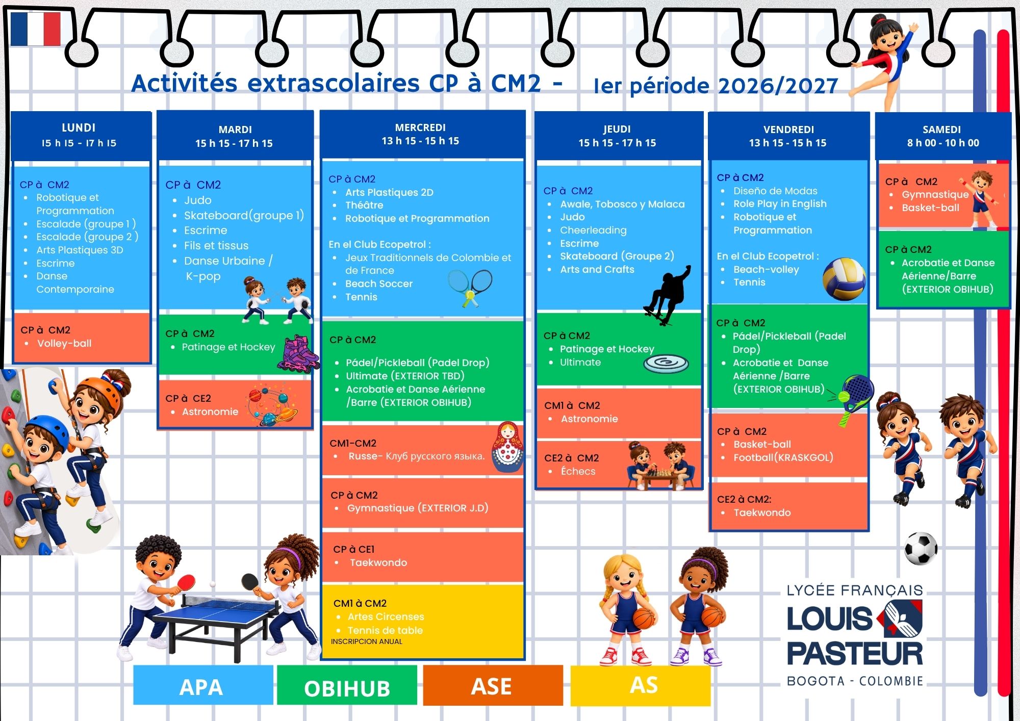 PLANNING ACTIVITÉS EXTRASCOLAIRES ELEMENTAIRE 2026-2027 1er PÉRIODE